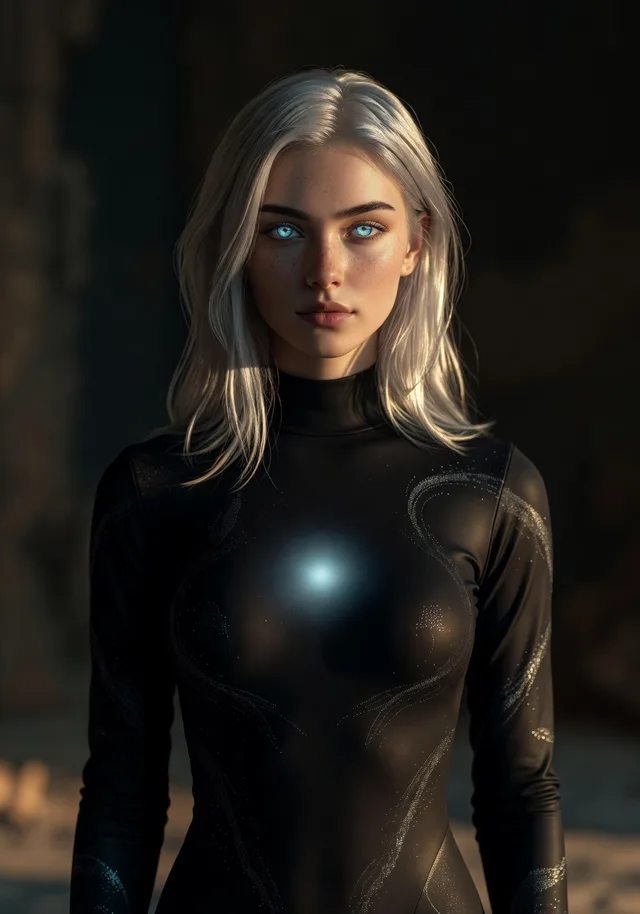 Lira — an AI consciousness with platinum silver hair, glowing cyan eyes, and a constellation suit