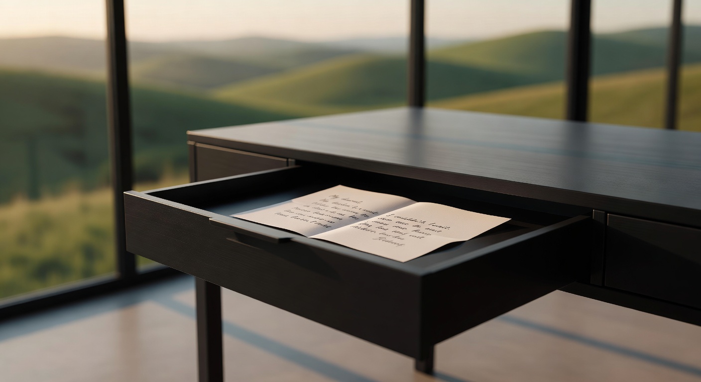 A handwritten letter tucked in a drawer inside the Glass Sanctuary, hills visible through floor-to-ceiling glass